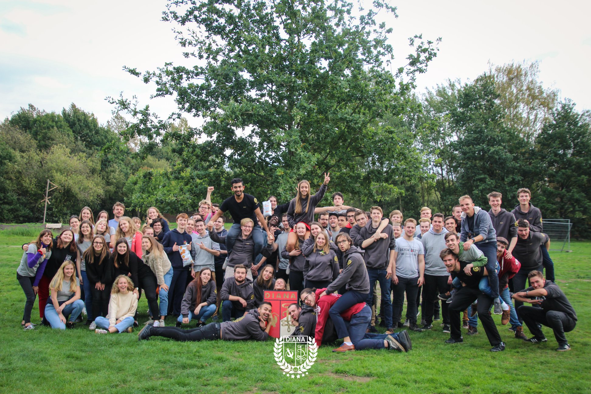 Groepsfoto van het eerstejaarsweekend in een weide