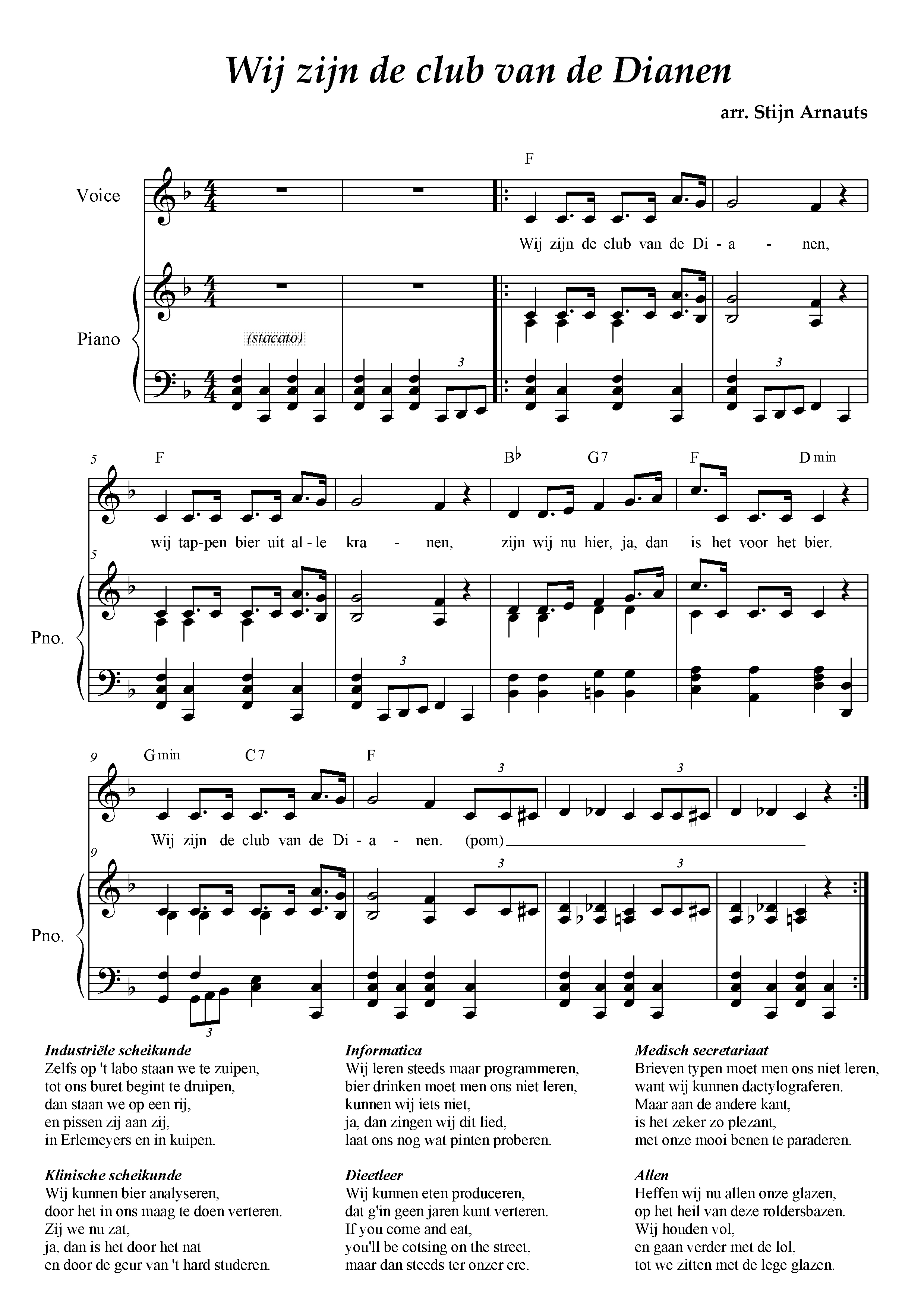 Bladmuziek van het kringlied 'Wij zijn de club van de Dianen'