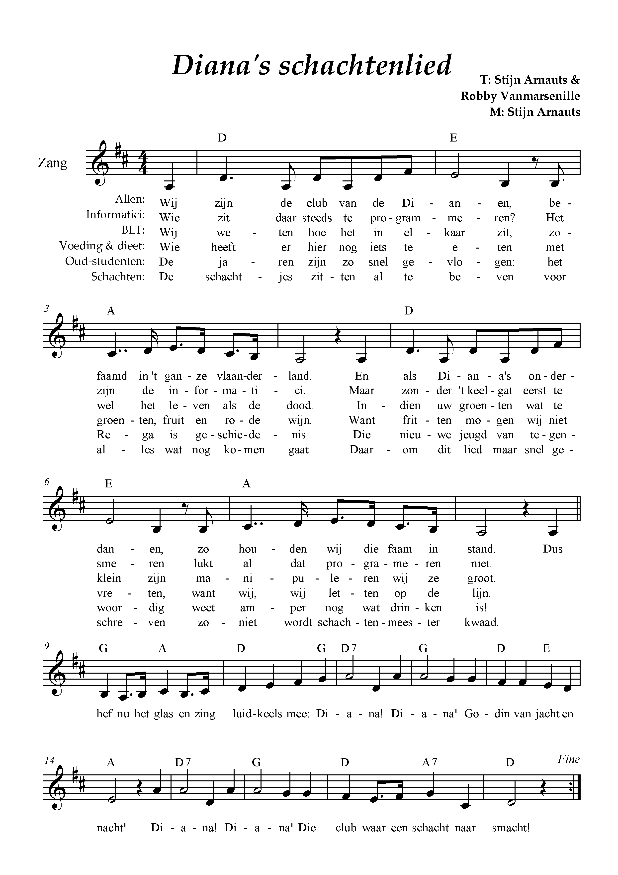 Bladmuziek van Diana's schachtenlied